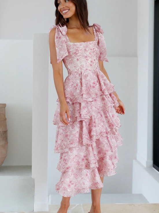 Sofie The Label Dresses & Skirts - Tiered Pink Floral Midi Dress with Tie Shoulder Straps